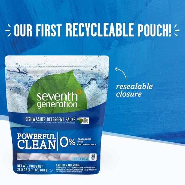 Seventh Generation Dishwasher Detergent Packs, Free & Clear, 45 count, Pack of 2
