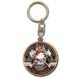 Armor Coin & Emblem - Thin Red Line Firefighter Forever Key Chain - Antique Finish with Polished Details - Tribute to Courage, Sacrifice & Valor - Gift for Firefighters
