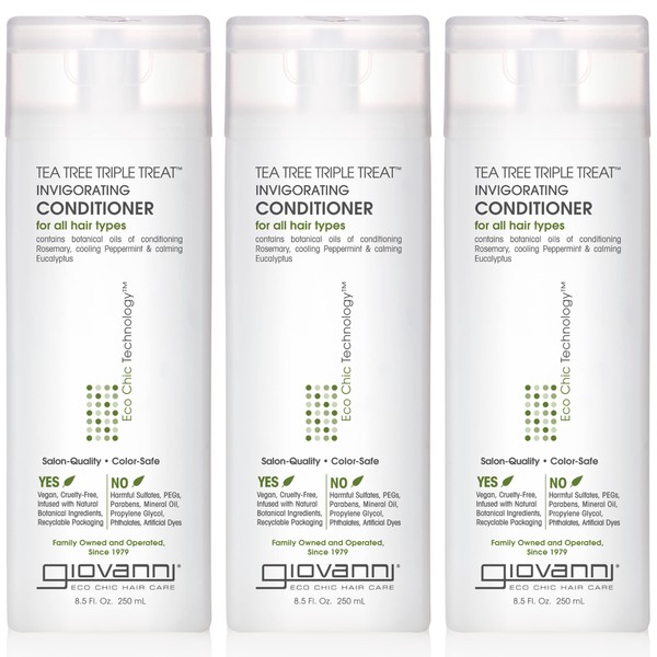 GIOVANNI Tea Tree Triple Treat Invigorating Conditioner - Cooling Peppermint, Eucalyptus, Rosemary, Helps Dry Flaking Scalp, Paraben Free, Helps to Moisturize, Smooth & Detangle- 8.5 oz (3 Pack)