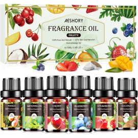 Fruity Essential Oils Set - 6x10ML Fruit Fragrance Oil for Diffuser, Aromatherapy, Candle Making - Strawberry, Cherry, Blueberry, Mango, Coconut, Watermelon Scented Oil