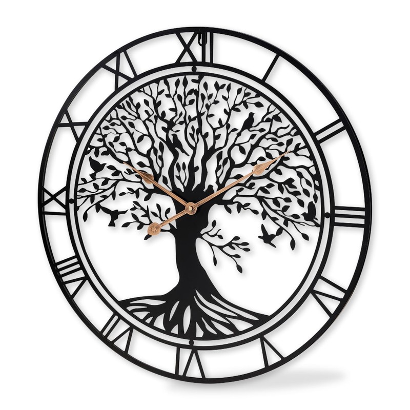 Dankeit Tree of Life Wall Clock, 24Inch Metal Black Family