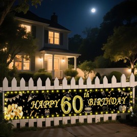 Seutgjie Decorative 60th Birthday Banner with LED Light Strip for Women Men 40 x 270 cm Background Decoration Gold Black