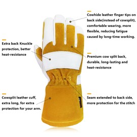 Intra-FIT Cowhide MIG Welding Gloves, Grain Leather Reinforcement on Palm and Index Finger, Long Cuff for Extra Protection for Forearm