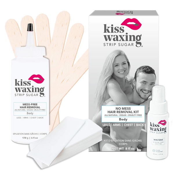 Kiss Waxing Strip Sugar - Kit de prueba de eliminación de vello corporal Pasta azucaradora natural para pieles sensibles, piernas, brazos, pecho y espalda. Vegano. Sin gluten. Mujeres y hombres (kit pequeño)