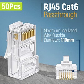 GTZ Conectores Pass Through RJ45 Cat6 - Paquete de 50 | Modular Plug para Cable de Ethernet UTP Sólidos o Trenzados