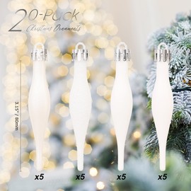Sea Team 20-Pack Christmas Droplet Ornaments with Strings, 85mm/3.35" Baubles, Shatterproof Plastic Christmas Bulbs, Hanging Decorations for Xmas Tree, Holiday, Wedding, Party, White