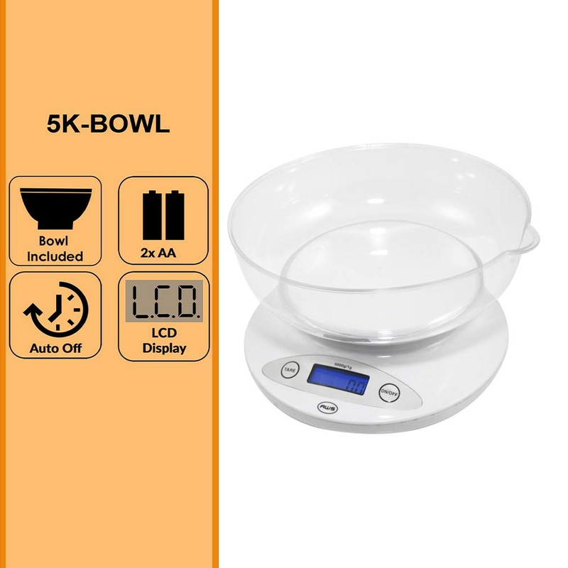 American Weigh 5KBOWL 5KG Digital Kitchen Scale with Removable Bowl,