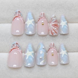 Ocean Shell Press on Nails Star Fake Nails with Pearl Design Blue Glue on Nails Glossy Reusable Artificial Acrylic French Tip Stick on Nails Medium Almond False Nail for Women Manicure 24Pcs