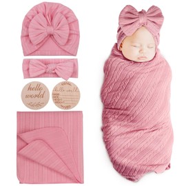 DRESHOW Newborn Baby Blanket Soft Swaddle Blankets for Infant Swaddling Receiving Warm Wraps with Bow Hat Headband