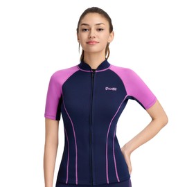 GoldFin Women Wetsuit Top, Womens Short Sleeve Wet Suit Jacket Neoprene Front Zip 2mm Swim Jackets Scuba Swimming Diving Snorkeling Water Aerobics, Fuchsia, X-Small