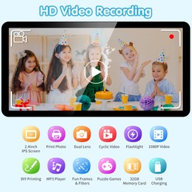 Children's Instant Print Camera, Instant Camera Selfie Children's Camera 2.4 Inch 1080P HD Video, Birthday Gift, Christmas Gift Toy from 3 4 5 6 8 7 9 10 11 Years Girls Boys