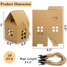 ZAVOOS 50 Pack House Shaped Gift Boxes, Kraft Paper Treat Box with Ropes for Party Favor, Small Decorative Candy Packing Boxes Bulk for Wedding, Housewarming, Birthday, 3.2'' x 3.2'' x 5''