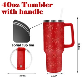 JarThenaAMCS Christmas Tumbler with Lid and Straw 40oz 5D Red Snowflake Tumbler with Handle Xmas Winter Stainless Steel Cup For Home Office Travel