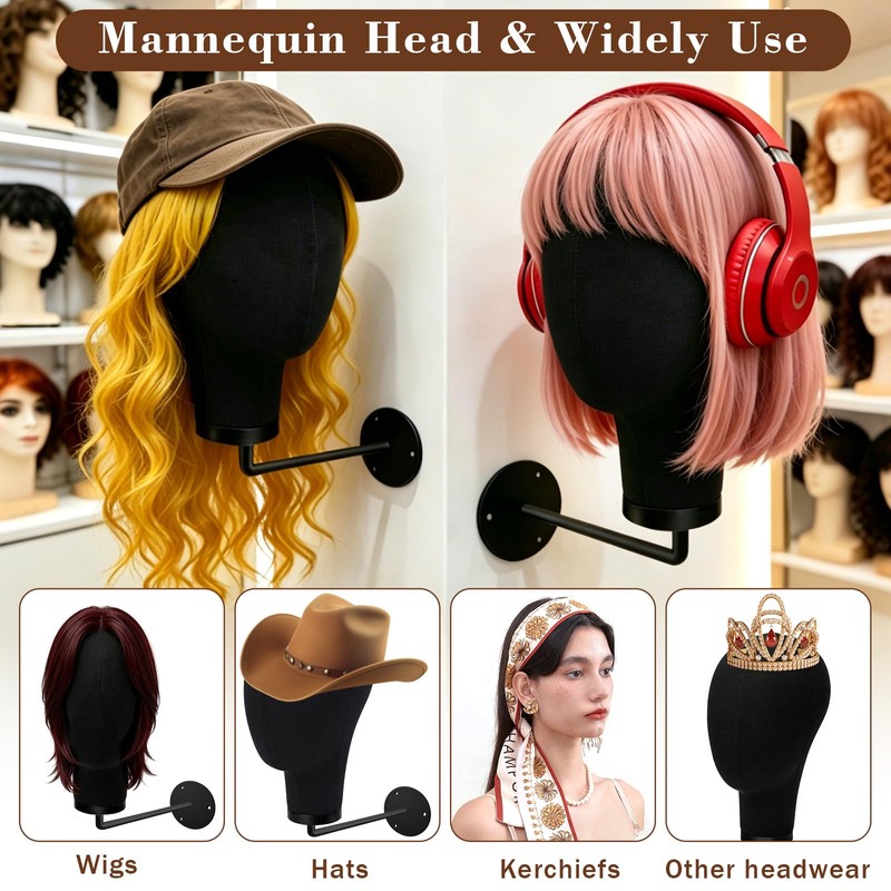 21in Wig Head Wall Mount Mannequin Head for Caps,Canvas Hat