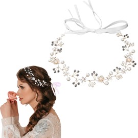 Silver Flower & Pearl Bridal Headband, Handmade Wire Woven Wedding Hair Vine with Satin Ribbon, Lightweight Hair Accessory for Bride, Flower Girl, Bridesmaid for Wedding (Gold)