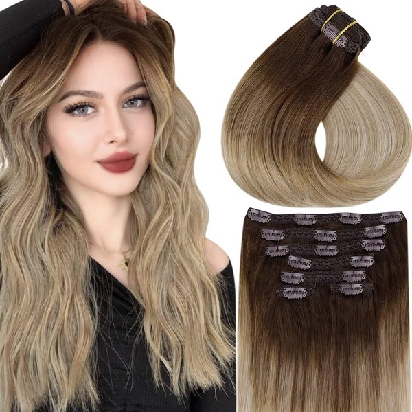 Vivien Ombre Hair Extensions Clip in Human Hair Chocolate Brown to Golden Brown and Platinum Blonde Clip Human Hair Extensions Clip ins Soft Straight Hair 16 Inch 120g/7pcs