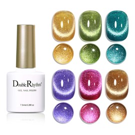 Double Rhythm Cat Eye Gel Nail Polish Set of 6 Colors Shimmer Glitter with Magnet 9D Holographic Reflective Magnetic Nail Polish (Orange Green Blue Purple Pink Brown-Kit 23)