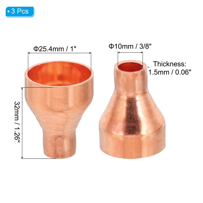 PATIKIL 1" to 3/8" ID Copper Reducer, 3pcs 99.9% Pure