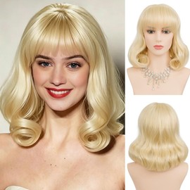 Blonde Curly Womens Wig Retro Wig with Bangs Shoulder Length Wig Bob Wig for Parties Cosplay Halloween Use