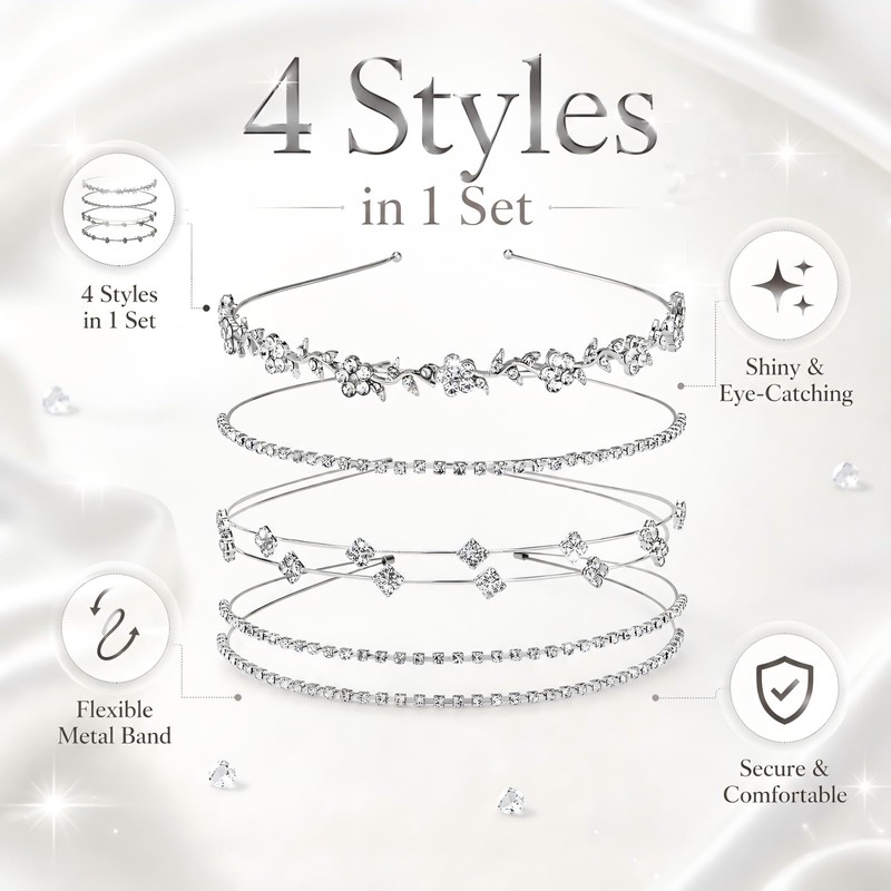 4 Pcs Rhinestone Headbands for Women Silver Bridal Wedding Hair