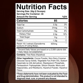 Mushroom Hazelnut Powder with Reishi 10:1 Extract, Hot Cocoa Powder Caffeine-Free Mushroom Coffee Alternative - Adaptogenic Superfood Drink for Focus, Relaxation, and Mood Support - 30 Servings