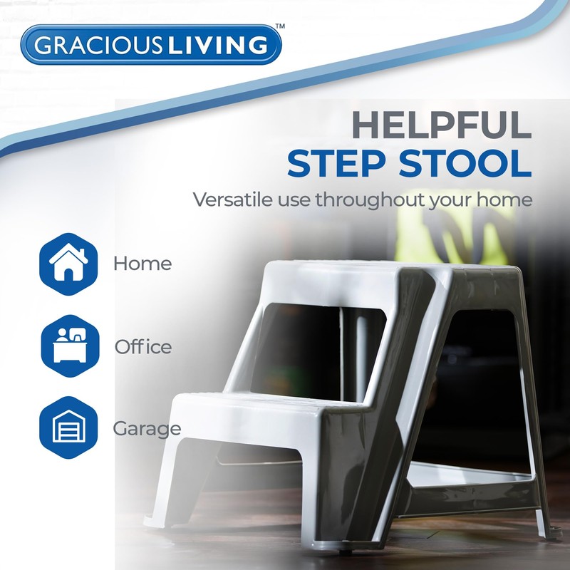 Gracious Living 2-Step Stool, Portable Plastic Stepping Stool for Dorm,