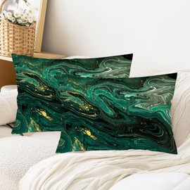 Abstract Throw Pillow Cover Queen Size Set of 2 Green and Gold Marble Lumbar Pillow Case Decorative Standard Pillow Cases with Hidden Zipper Luxury Bed Cushion Covers for Bedroom,Couch,20"x30"