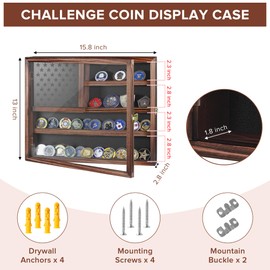 MOCAS Challenge Coin Display Case, Lockable Military Coin Holder Cabinet with Removable Star Board & HD Tempered Glass Door, Solid Wood Wall Mount Coins Collection Rack Stand