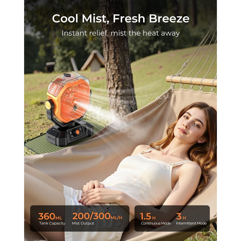 Portable Camping Fan, Misting Desk Fan with Remote, 360ML Water