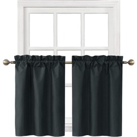 Home Queen Blackout Tier Curtains for Bathroom Window, Short Bedroom Curtains, Thermal Insulated Cafe Drapes, 26 W X 36 L Inch Each, Black