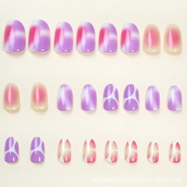 Almond Shaped Press on Nails Pink Purple Gradient Design Short Fake Nails Glossy False Nails Fully Cover Acrylic Nails Stick on Nails for Women Nail DIY Decoration Accessories 24 Pcs