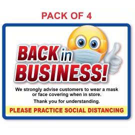 4 - BACK IN BUSINESS Face Mask Social Distance STICKER - Retail Store Decal Sign