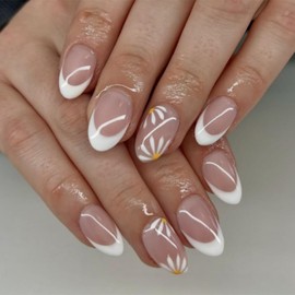 White French Tip Press on Nails Daisy Fake Nails Short Almond False Nail with Design Flower Glue on Nail Glossy Artificial Acrylic Full Cover Stick on Nails for Women Manicure 24Pcs