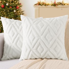 decorUhome Christmas Couch Throw Pillow Covers 18x18 Set of 2, Decorative Soft Plush Faux Wool Pillow Covers for Bed Sofa Living Room, Cream White