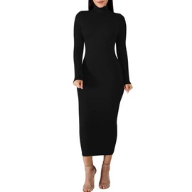 BORIFLORS Women's Sexy Basic Long Sleeve Turtleneck Bodycon Party Long Pencil Dress,Small,Black