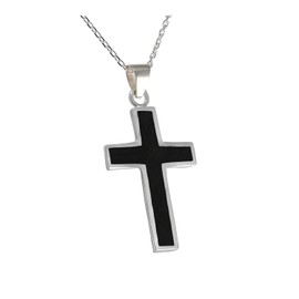 Sterling Silver Black Cross Pendant - Handmade Natural Jet Stone Cross for Women Men - Chain Not Included