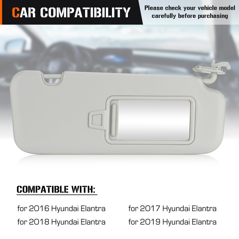 Sun Visor for 2016-2019 Hyundai Elantra, Left Driver Side Grey