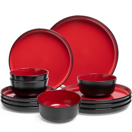 ZAROCRUS 12-piece Dinnerware Sets for 4 - Dinner Plates, Dessert Plates, Cereal Bowls, Lightweight Melamine Plates and Bowls Sets, RV, Kitchen Dishes for Outdoor Use, Red and Black