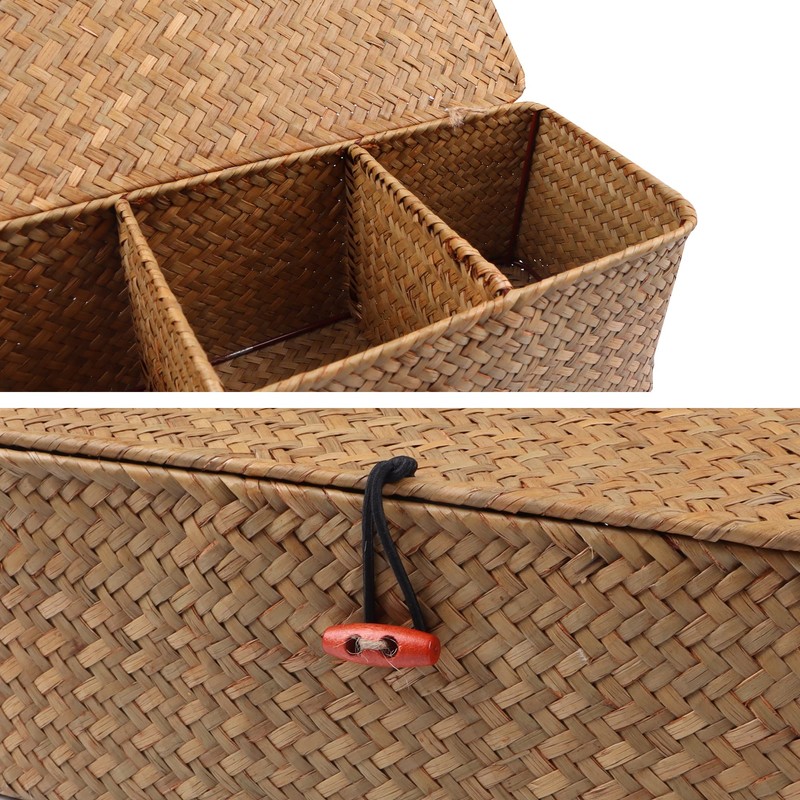 FEILANDUO 3-Section Seagrass Storage Basket with Lid Hand Woven Small