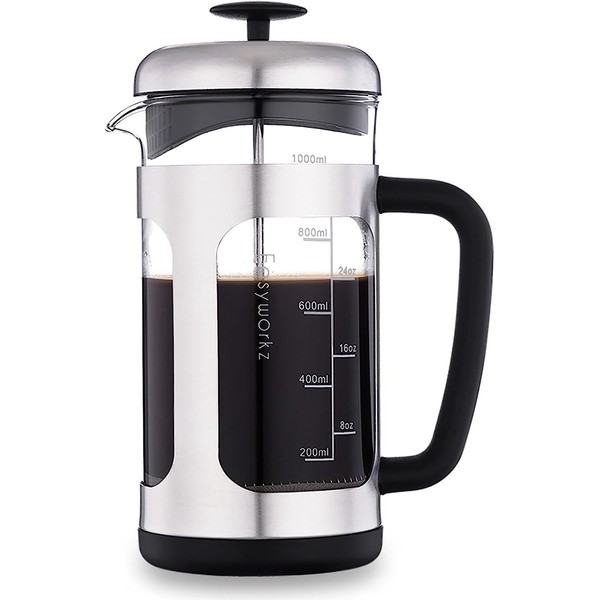 Easyworkz フレンチプレス ステンレス鋼 耐熱ガラス ソフトグリップ 1000ml (8カップ) シルバー