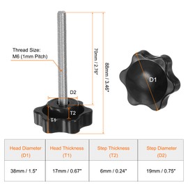 HARFINGTON 8pcs Star Knobs M6 x 70mm 304 Stainless Steel Threaded Stud 38mm Plastic 6-Star Head Hand Tightening Thumb Screw Clamping Jig Knob Handle, Black