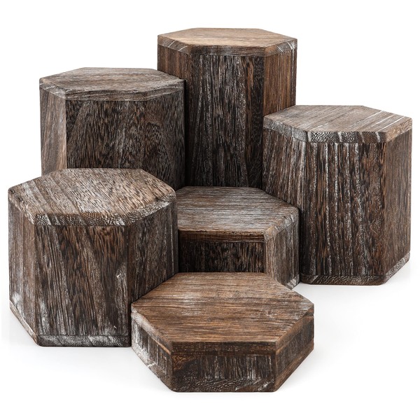 BELLE VOUS 6 Pack of Vintage Brown Wooden Hexagon Display
