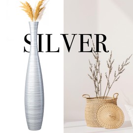 Tall Floor Vase, Large Resin Floor Vase, Sturdy, Luxury, Textured, Vessel for Decorative Branches Dried Flowers, 27.5 inches Tall Vase for Decor, Silver