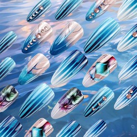 Summer Flower Press on Nails 24Pcs Glossy Blue Gradient Stick on Nail Green Leaves Gel Glue on Fingernails Acrylic Full Cover Fake Nails Rhinestones Medium Almond False Nail for Holiday Manicure Art