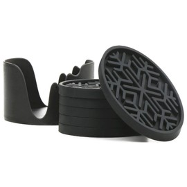 IYYI Silicone Drink Coasters Set of 6 in Holder, Cup Coaster for Drinks Deep Grooved Absorbent Coaster Protect Furniture from Damage Large 4 inch Cup Mat (Black)