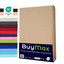Buymax® Fitted Sheet, 100% Cotton Jersey, for Mattresses Up to 25 cm High, 90 x 200 cm, Sand