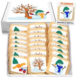 Winter Snow Cookies Theme Party Favors | 24 Pack Individually Wrapped Bulk | snowman hat scarf gloves mittens igloo snowflakes sweater shovel Cold weather | For Kids Adults
