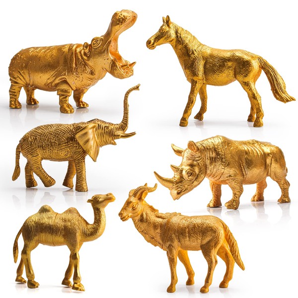 Juego de 6 figuras realistas de animales salvajes dorados con diseño de camel, elefante, cabra, regalos de fiesta, decoración de escritorio, decoración de tartas