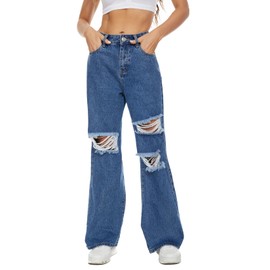 VIPONES Womens Wide Leg Jeans High Waist Baggy Denim Pants Distressed Loose Ripped Boyfriends Jeans Y2K, Dark Blue, Size 6