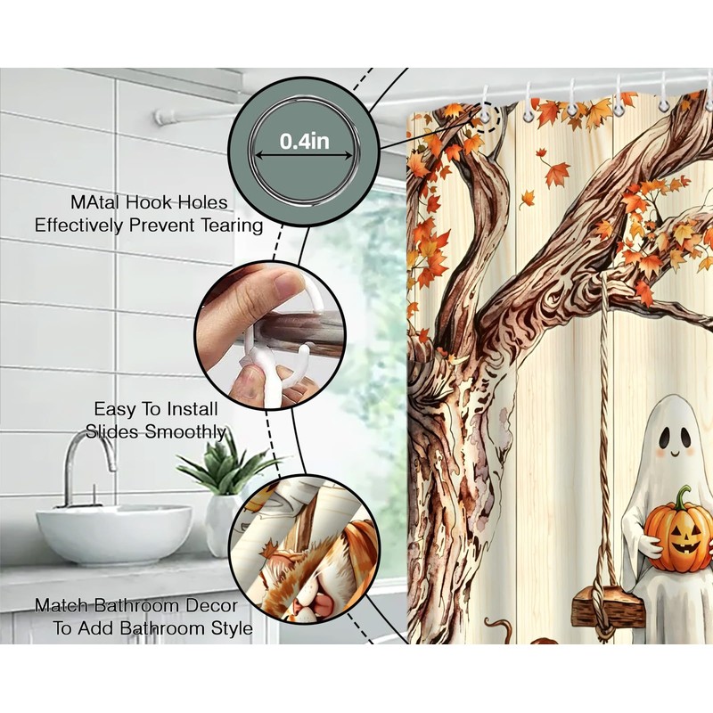 AEMBEE Fall Halloween Shower Curtain Cute Cat with Ghost Thanksging